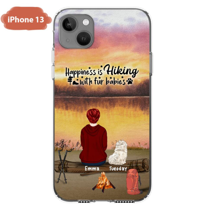 Custom Personalized Hiking Phone Case - Man/ Woman/ Couple With Upto 4 Pets - Gift For Cat/ Dog Lover - Happiness Is Hiking With Fur Babies - Case For iPhone And Samsung