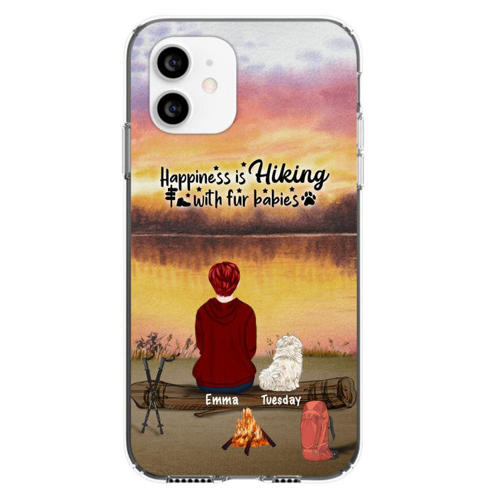 Custom Personalized Hiking Phone Case - Man/ Woman/ Couple With Upto 4 Pets - Gift For Cat/ Dog Lover - Happiness Is Hiking With Fur Babies - Case For iPhone And Samsung