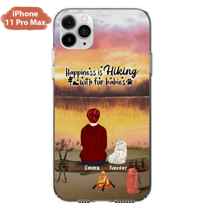 Custom Personalized Hiking Phone Case - Man/ Woman/ Couple With Upto 4 Pets - Gift For Cat/ Dog Lover - Happiness Is Hiking With Fur Babies - Case For iPhone And Samsung