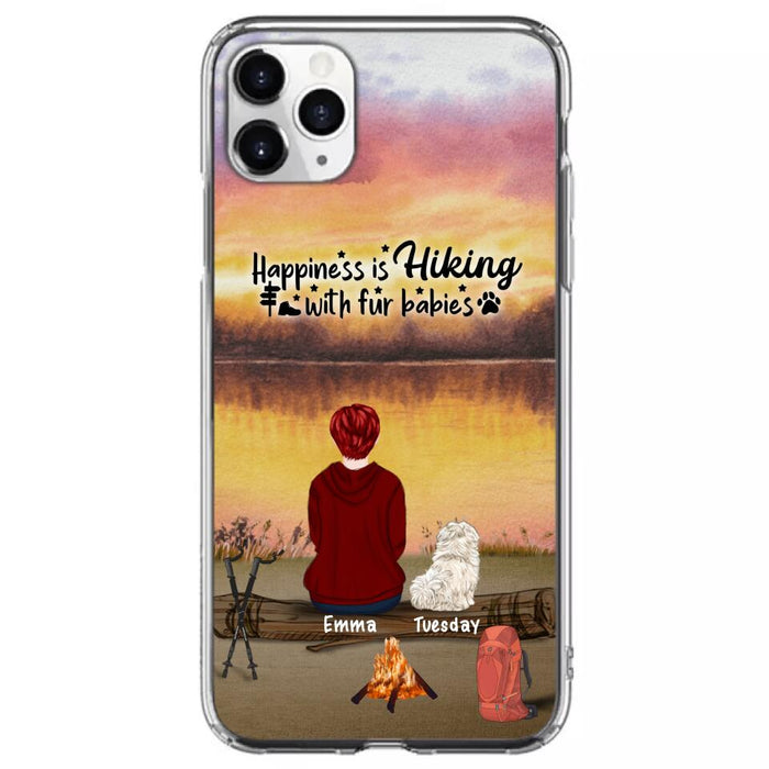 Custom Personalized Hiking Phone Case - Man/ Woman/ Couple With Upto 4 Pets - Gift For Cat/ Dog Lover - Happiness Is Hiking With Fur Babies - Case For iPhone And Samsung