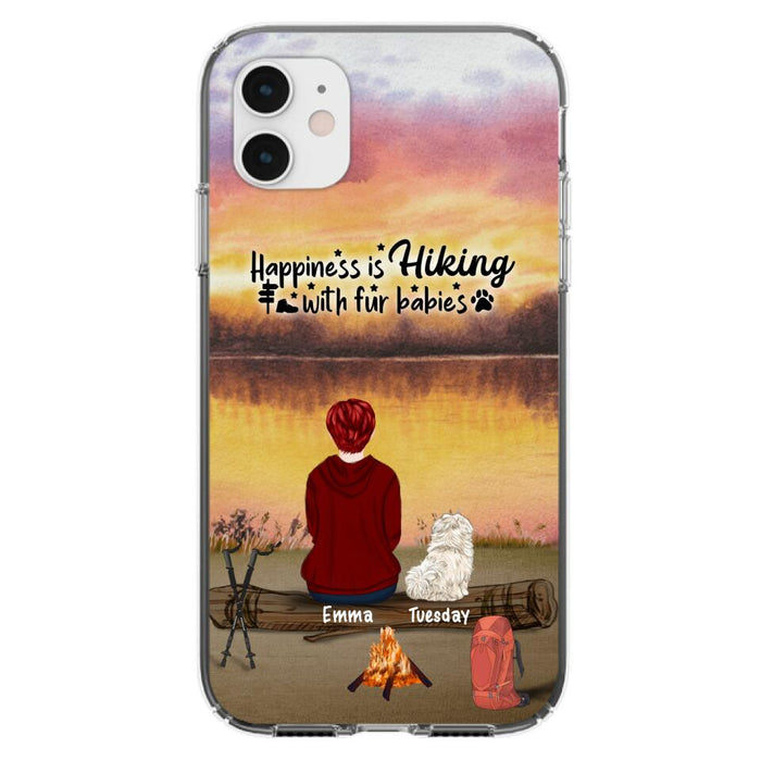 Custom Personalized Hiking Phone Case - Man/ Woman/ Couple With Upto 4 Pets - Gift For Cat/ Dog Lover - Happiness Is Hiking With Fur Babies - Case For iPhone And Samsung