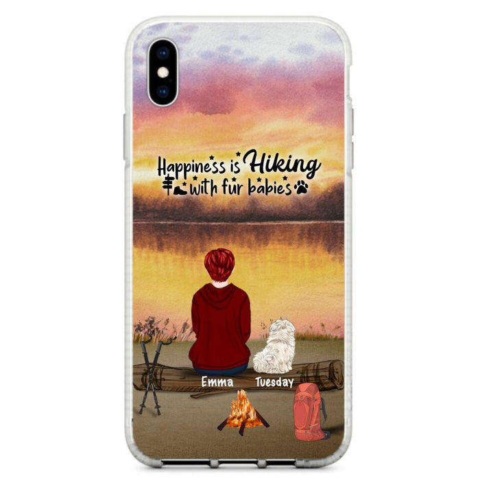 Custom Personalized Hiking Phone Case - Man/ Woman/ Couple With Upto 4 Pets - Gift For Cat/ Dog Lover - Happiness Is Hiking With Fur Babies - Case For iPhone And Samsung