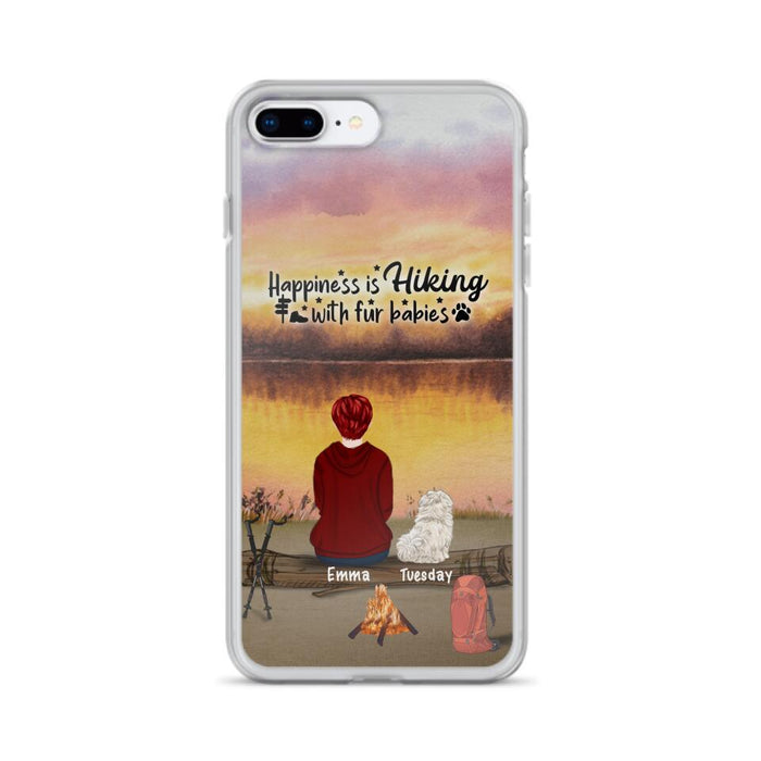 Custom Personalized Hiking Phone Case - Man/ Woman/ Couple With Upto 4 Pets - Gift For Cat/ Dog Lover - Happiness Is Hiking With Fur Babies - Case For iPhone And Samsung