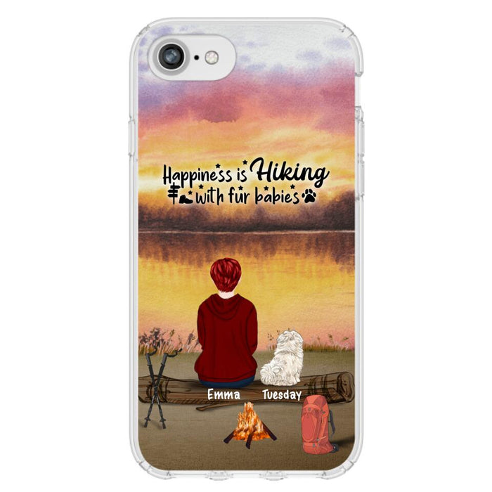 Custom Personalized Hiking Phone Case - Man/ Woman/ Couple With Upto 4 Pets - Gift For Cat/ Dog Lover - Happiness Is Hiking With Fur Babies - Case For iPhone And Samsung