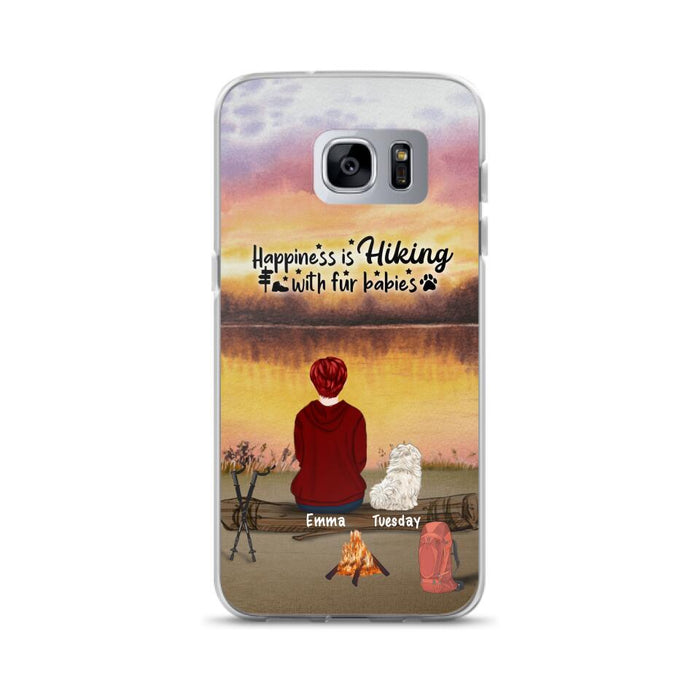 Custom Personalized Hiking Phone Case - Man/ Woman/ Couple With Upto 4 Pets - Gift For Cat/ Dog Lover - Happiness Is Hiking With Fur Babies - Case For iPhone And Samsung