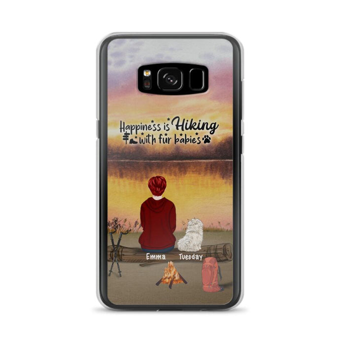 Custom Personalized Hiking Phone Case - Man/ Woman/ Couple With Upto 4 Pets - Gift For Cat/ Dog Lover - Happiness Is Hiking With Fur Babies - Case For iPhone And Samsung