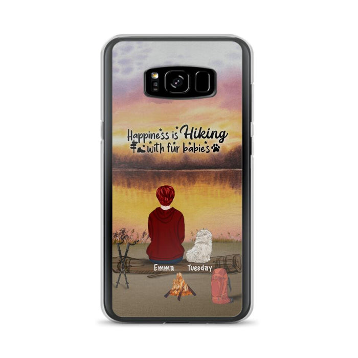 Custom Personalized Hiking Phone Case - Man/ Woman/ Couple With Upto 4 Pets - Gift For Cat/ Dog Lover - Happiness Is Hiking With Fur Babies - Case For iPhone And Samsung