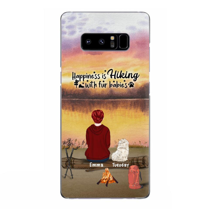 Custom Personalized Hiking Phone Case - Man/ Woman/ Couple With Upto 4 Pets - Gift For Cat/ Dog Lover - Happiness Is Hiking With Fur Babies - Case For iPhone And Samsung