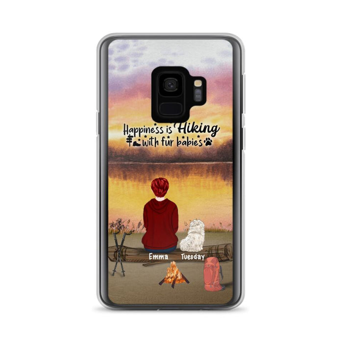 Custom Personalized Hiking Phone Case - Man/ Woman/ Couple With Upto 4 Pets - Gift For Cat/ Dog Lover - Happiness Is Hiking With Fur Babies - Case For iPhone And Samsung