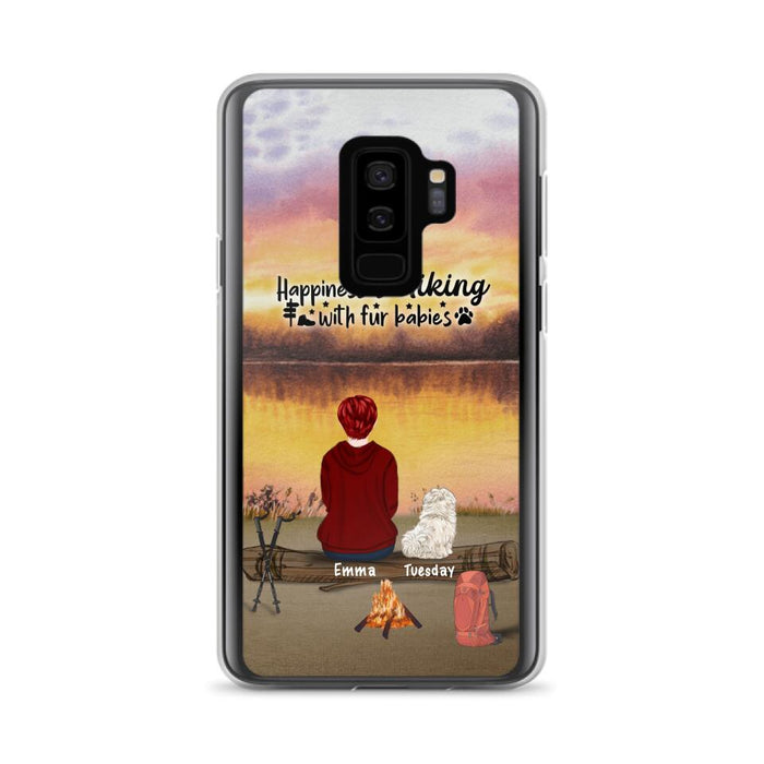 Custom Personalized Hiking Phone Case - Man/ Woman/ Couple With Upto 4 Pets - Gift For Cat/ Dog Lover - Happiness Is Hiking With Fur Babies - Case For iPhone And Samsung