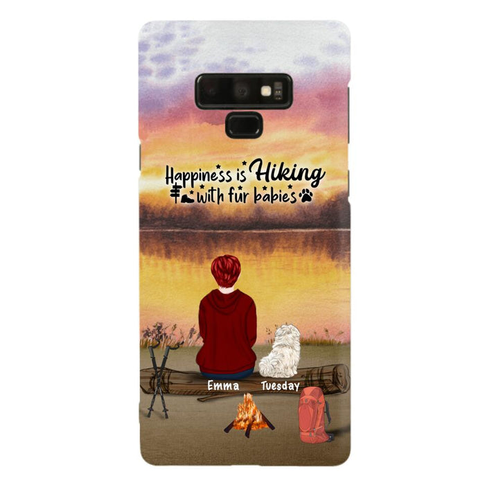 Custom Personalized Hiking Phone Case - Man/ Woman/ Couple With Upto 4 Pets - Gift For Cat/ Dog Lover - Happiness Is Hiking With Fur Babies - Case For iPhone And Samsung