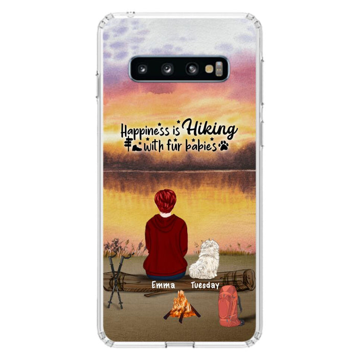 Custom Personalized Hiking Phone Case - Man/ Woman/ Couple With Upto 4 Pets - Gift For Cat/ Dog Lover - Happiness Is Hiking With Fur Babies - Case For iPhone And Samsung