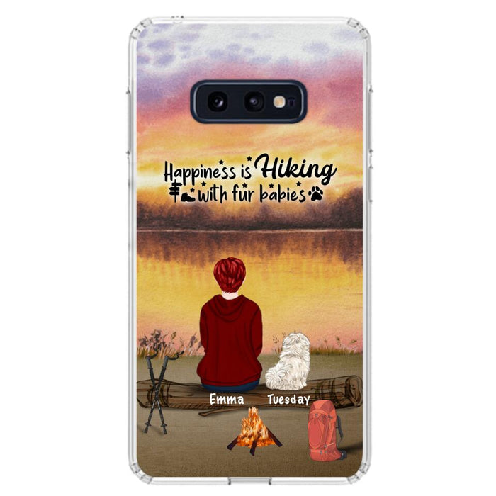 Custom Personalized Hiking Phone Case - Man/ Woman/ Couple With Upto 4 Pets - Gift For Cat/ Dog Lover - Happiness Is Hiking With Fur Babies - Case For iPhone And Samsung