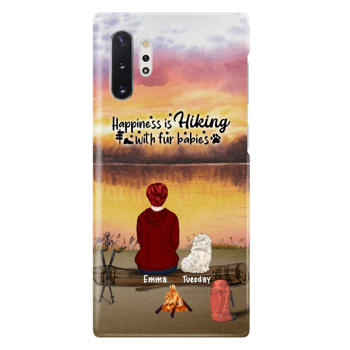 Custom Personalized Hiking Phone Case - Man/ Woman/ Couple With Upto 4 Pets - Gift For Cat/ Dog Lover - Happiness Is Hiking With Fur Babies - Case For iPhone And Samsung