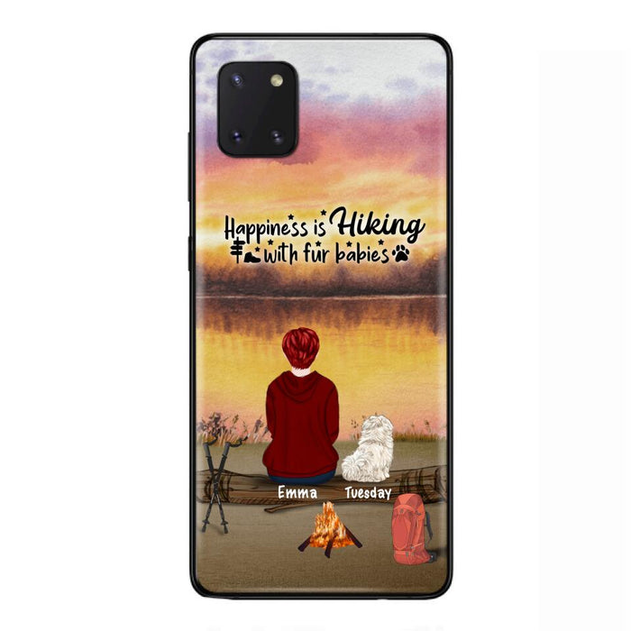 Custom Personalized Hiking Phone Case - Man/ Woman/ Couple With Upto 4 Pets - Gift For Cat/ Dog Lover - Happiness Is Hiking With Fur Babies - Case For iPhone And Samsung