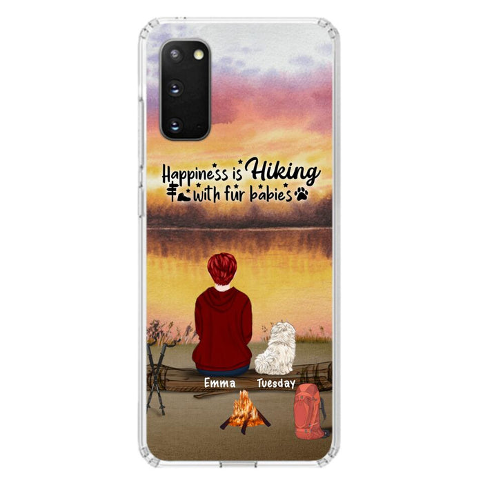 Custom Personalized Hiking Phone Case - Man/ Woman/ Couple With Upto 4 Pets - Gift For Cat/ Dog Lover - Happiness Is Hiking With Fur Babies - Case For iPhone And Samsung