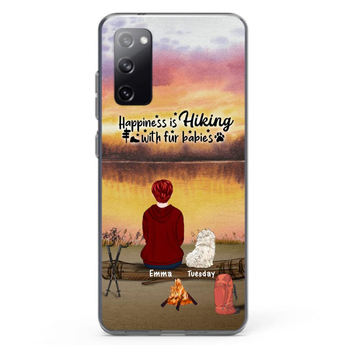 Custom Personalized Hiking Phone Case - Man/ Woman/ Couple With Upto 4 Pets - Gift For Cat/ Dog Lover - Happiness Is Hiking With Fur Babies - Case For iPhone And Samsung