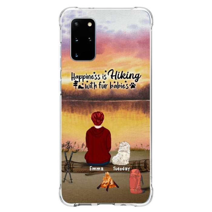 Custom Personalized Hiking Phone Case - Man/ Woman/ Couple With Upto 4 Pets - Gift For Cat/ Dog Lover - Happiness Is Hiking With Fur Babies - Case For iPhone And Samsung