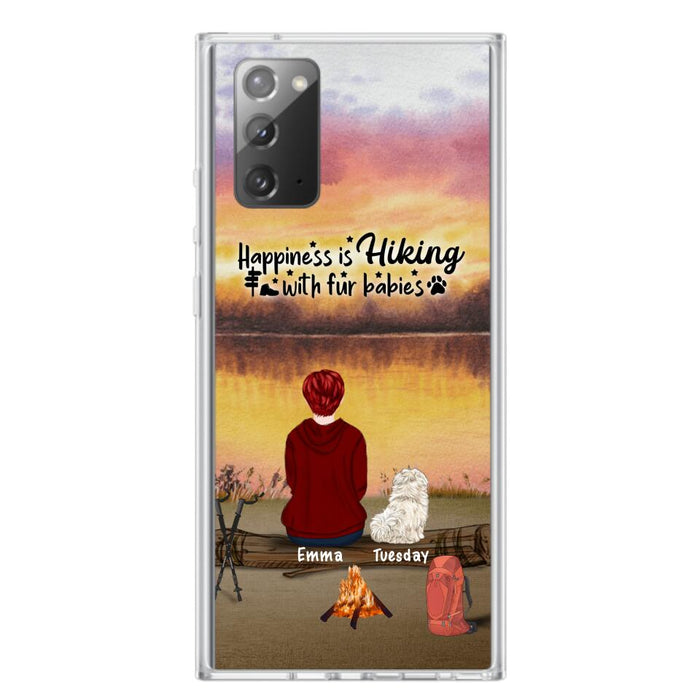 Custom Personalized Hiking Phone Case - Man/ Woman/ Couple With Upto 4 Pets - Gift For Cat/ Dog Lover - Happiness Is Hiking With Fur Babies - Case For iPhone And Samsung