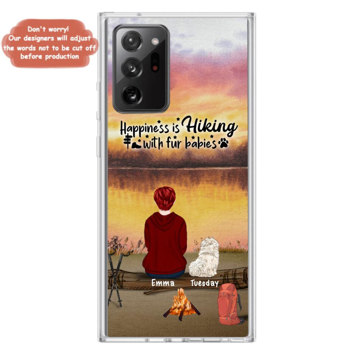 Custom Personalized Hiking Phone Case - Man/ Woman/ Couple With Upto 4 Pets - Gift For Cat/ Dog Lover - Happiness Is Hiking With Fur Babies - Case For iPhone And Samsung