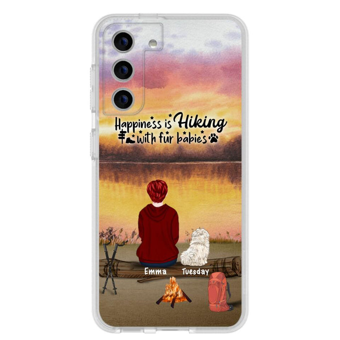 Custom Personalized Hiking Phone Case - Man/ Woman/ Couple With Upto 4 Pets - Gift For Cat/ Dog Lover - Happiness Is Hiking With Fur Babies - Case For iPhone And Samsung