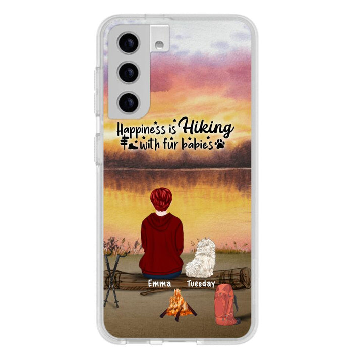 Custom Personalized Hiking Phone Case - Man/ Woman/ Couple With Upto 4 Pets - Gift For Cat/ Dog Lover - Happiness Is Hiking With Fur Babies - Case For iPhone And Samsung