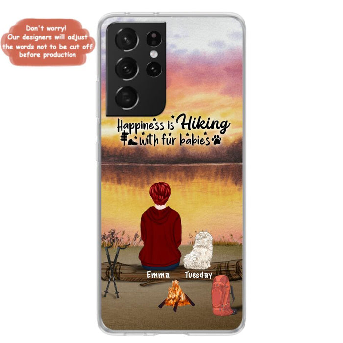 Custom Personalized Hiking Phone Case - Man/ Woman/ Couple With Upto 4 Pets - Gift For Cat/ Dog Lover - Happiness Is Hiking With Fur Babies - Case For iPhone And Samsung