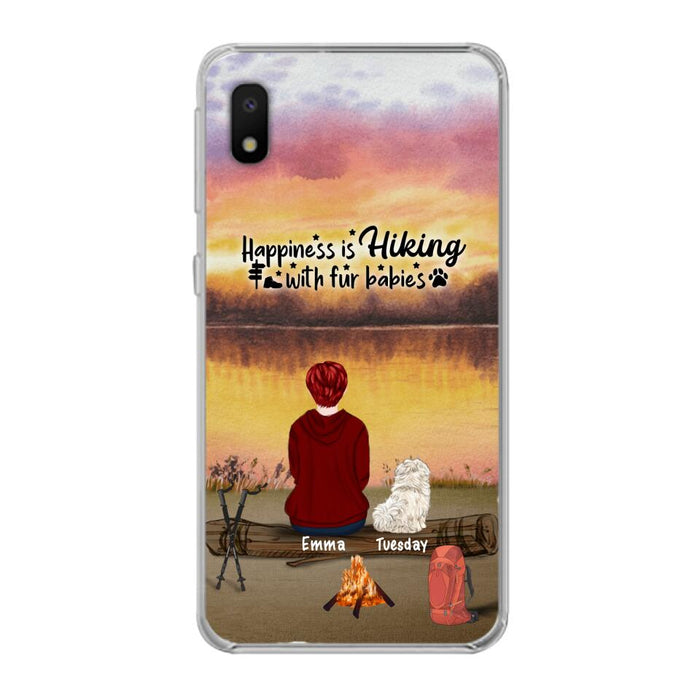 Custom Personalized Hiking Phone Case - Man/ Woman/ Couple With Upto 4 Pets - Gift For Cat/ Dog Lover - Happiness Is Hiking With Fur Babies - Case For iPhone And Samsung