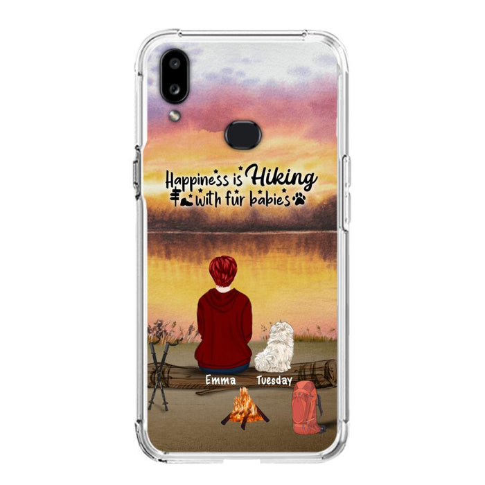 Custom Personalized Hiking Phone Case - Man/ Woman/ Couple With Upto 4 Pets - Gift For Cat/ Dog Lover - Happiness Is Hiking With Fur Babies - Case For iPhone And Samsung