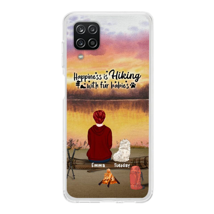 Custom Personalized Hiking Phone Case - Man/ Woman/ Couple With Upto 4 Pets - Gift For Cat/ Dog Lover - Happiness Is Hiking With Fur Babies - Case For iPhone And Samsung