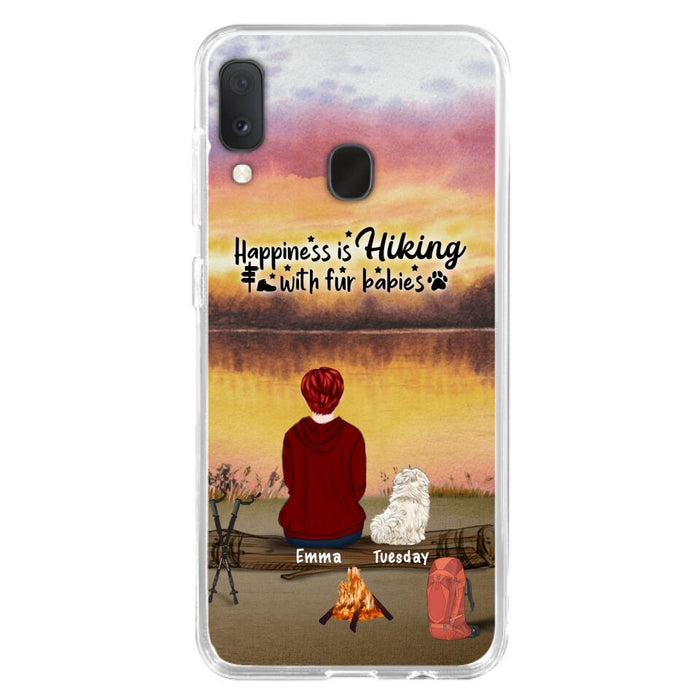 Custom Personalized Hiking Phone Case - Man/ Woman/ Couple With Upto 4 Pets - Gift For Cat/ Dog Lover - Happiness Is Hiking With Fur Babies - Case For iPhone And Samsung