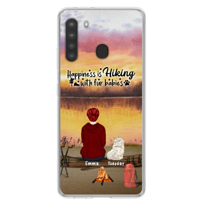 Custom Personalized Hiking Phone Case - Man/ Woman/ Couple With Upto 4 Pets - Gift For Cat/ Dog Lover - Happiness Is Hiking With Fur Babies - Case For iPhone And Samsung