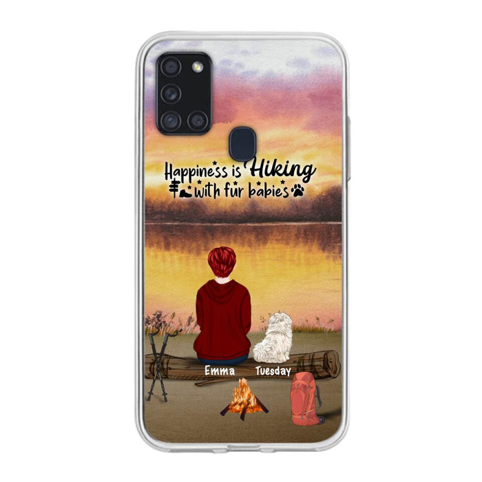 Custom Personalized Hiking Phone Case - Man/ Woman/ Couple With Upto 4 Pets - Gift For Cat/ Dog Lover - Happiness Is Hiking With Fur Babies - Case For iPhone And Samsung