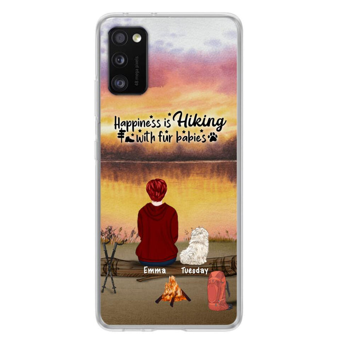 Custom Personalized Hiking Phone Case - Man/ Woman/ Couple With Upto 4 Pets - Gift For Cat/ Dog Lover - Happiness Is Hiking With Fur Babies - Case For iPhone And Samsung