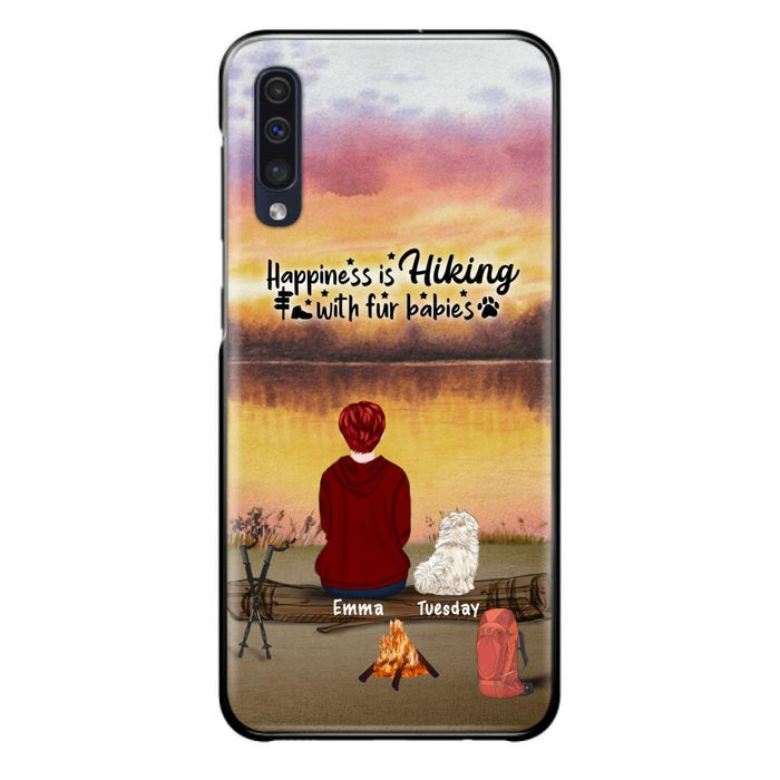 Custom Personalized Hiking Phone Case - Man/ Woman/ Couple With Upto 4 Pets - Gift For Cat/ Dog Lover - Happiness Is Hiking With Fur Babies - Case For iPhone And Samsung