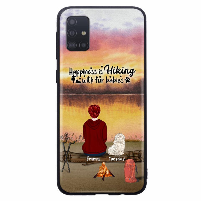 Custom Personalized Hiking Phone Case - Man/ Woman/ Couple With Upto 4 Pets - Gift For Cat/ Dog Lover - Happiness Is Hiking With Fur Babies - Case For iPhone And Samsung