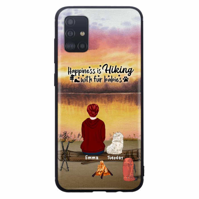 Custom Personalized Hiking Phone Case - Man/ Woman/ Couple With Upto 4 Pets - Gift For Cat/ Dog Lover - Happiness Is Hiking With Fur Babies - Case For iPhone And Samsung