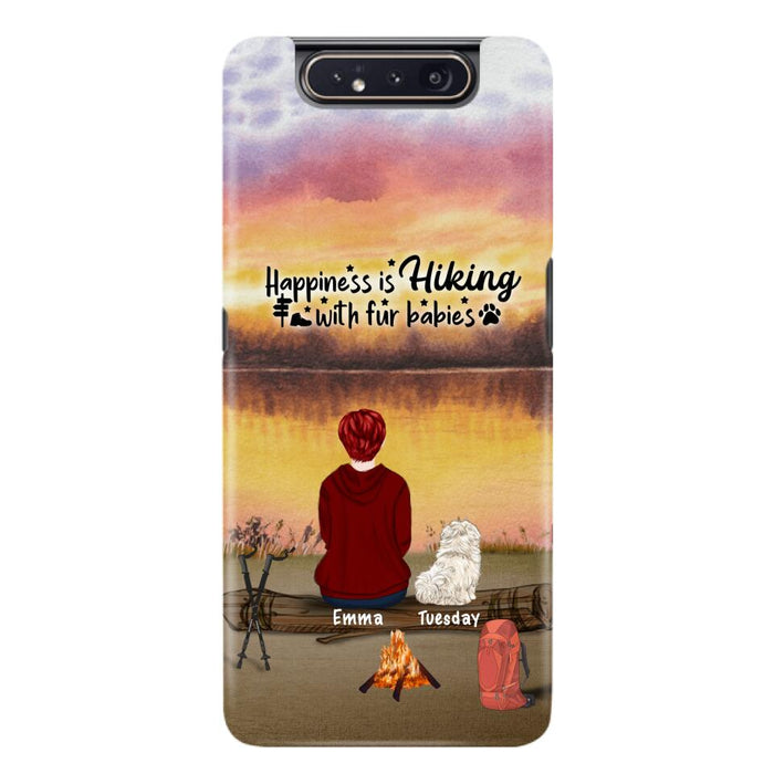 Custom Personalized Hiking Phone Case - Man/ Woman/ Couple With Upto 4 Pets - Gift For Cat/ Dog Lover - Happiness Is Hiking With Fur Babies - Case For iPhone And Samsung