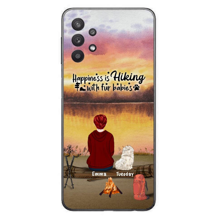 Custom Personalized Hiking Phone Case - Man/ Woman/ Couple With Upto 4 Pets - Gift For Cat/ Dog Lover - Happiness Is Hiking With Fur Babies - Case For iPhone And Samsung