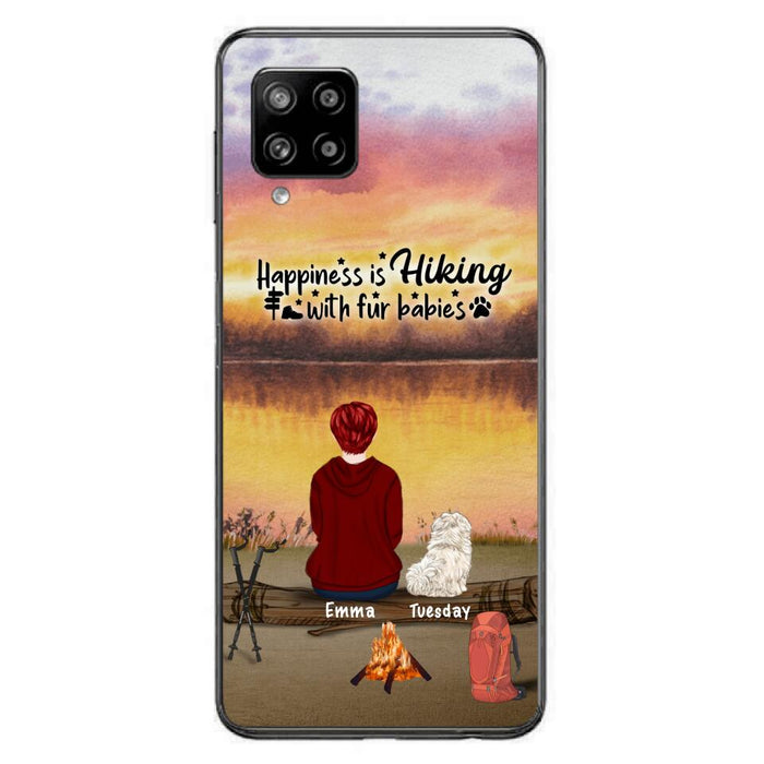 Custom Personalized Hiking Phone Case - Man/ Woman/ Couple With Upto 4 Pets - Gift For Cat/ Dog Lover - Happiness Is Hiking With Fur Babies - Case For iPhone And Samsung