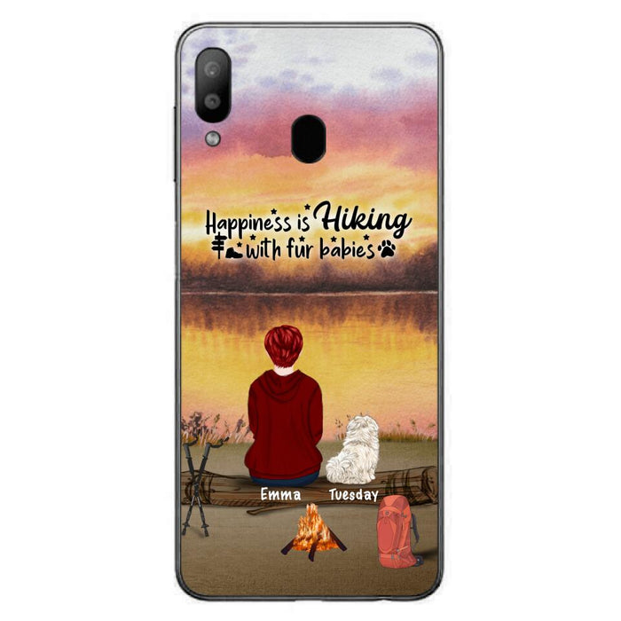 Custom Personalized Hiking Phone Case - Man/ Woman/ Couple With Upto 4 Pets - Gift For Cat/ Dog Lover - Happiness Is Hiking With Fur Babies - Case For iPhone And Samsung