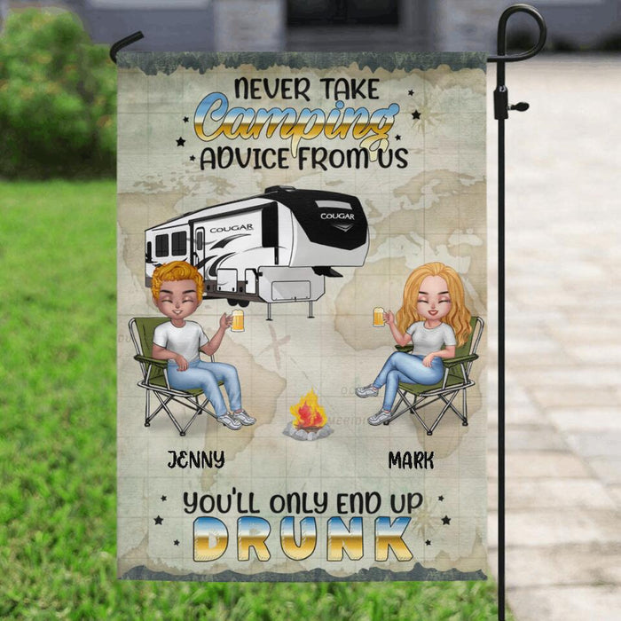 Custom Personalized Camping Friends Flag - Upto 6 People - Gift Idea For Friends/Camping Lovers - Never Take Camping Advice From Us You'll Only End Up Drunk