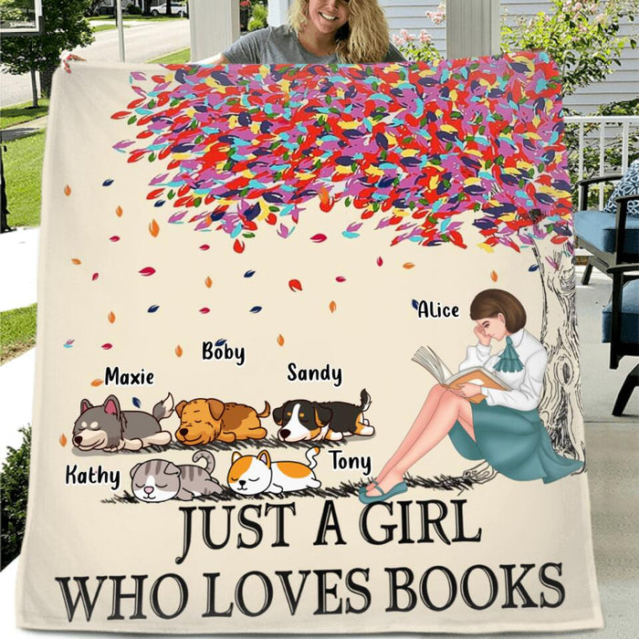 Custom Personalized Reading Girl Pillow Cover & Fleece/ Quilt Blanket - Upto 5 Pets - Gift Idea For Book/ Dog/ Cat Lover - Just A Girl Who Loves Book