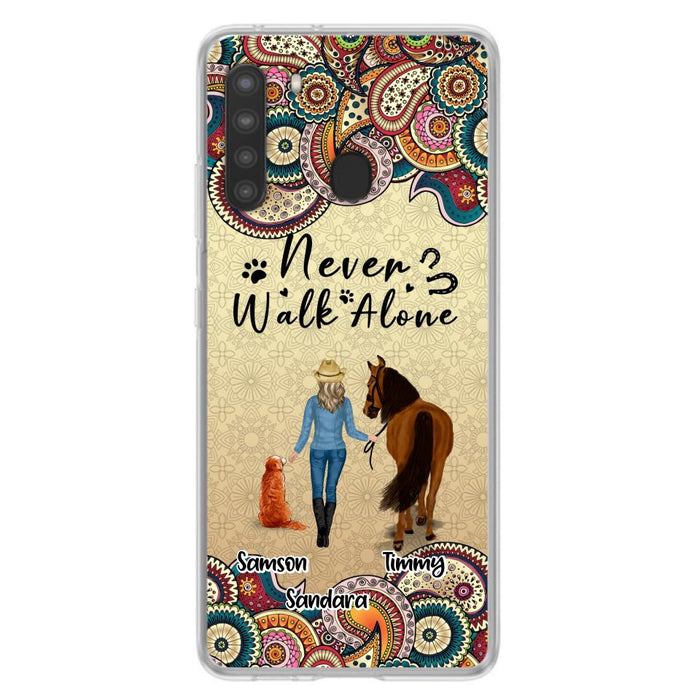 Custom Personalized Horse And Dog Phone Case - Upto 2 Dogs - Gift Idea For Horse/Dog Lovers - Never Walk Alone - Case For iPhone/Samsung