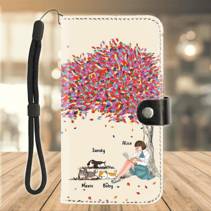 Custom Personalized Reading Girl Flip Leather Purse For Mobile Phone - Upto 3 Pets - Gift Idea For Book/ Dog/ Cat Lover - That's What I Do I Read Books And I Know Things