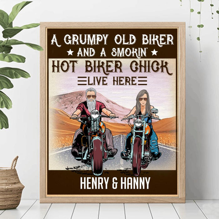 Custom Personalized Couple Biker Vertical Poster - Gift Idea For Couple - A Grumpy Old Biker And A Smokin' Hot Biker Chick Live Here