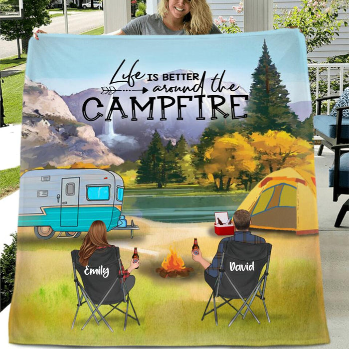 Custom Personalized Yosemite Camping Fleece/ Quilt Blanket - Adult/ Couple/ Parents With Upto 3 Kids And 3 Pets - Gift Idea For Family/ Camping Lover - Life Is Better Around The Campfire