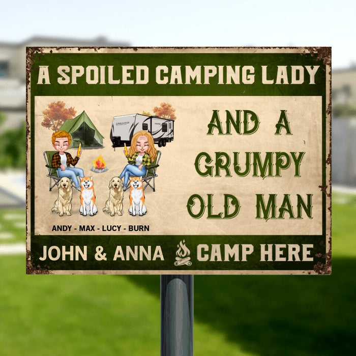 Custom Personalized Camping Couple Metal Sign - Gift For Camping Lovers with up to 4 Dogs - A Spoiled Camping Lady and A Grumpy Old Man Camp Here