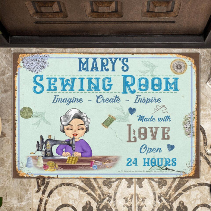 Custom Personalized Sewing Chibi Doormat - Gift Idea For Grandma/Mother's Day - Sewing Room, Imagine, Create, Inspire, Made With Love Open 24 Hours