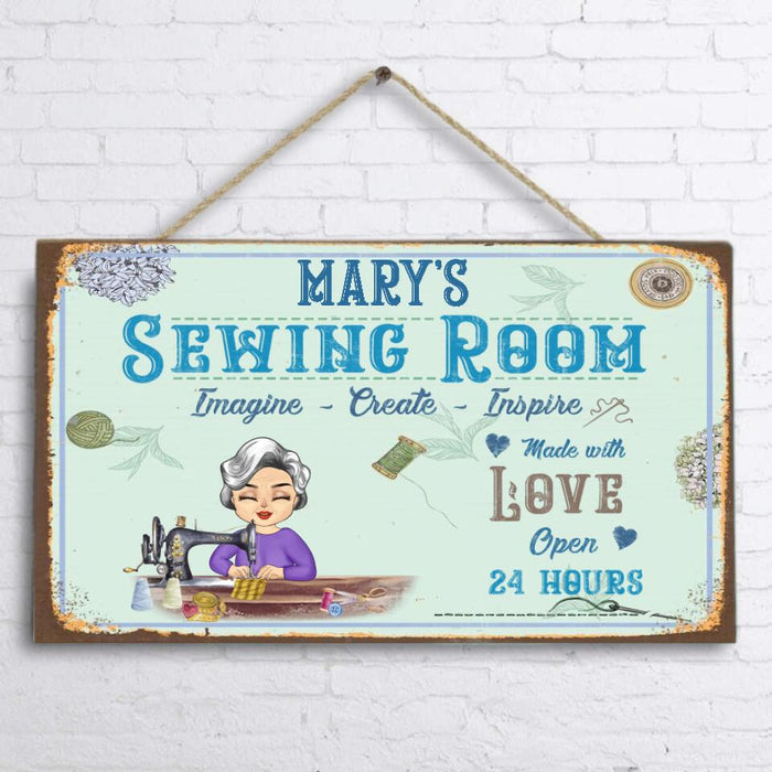 Custom Personalized Sewing Chibi Door Sign - Gift Idea For Grandma/Mother's Day - Sewing Room, Imagine, Create, Inspire, Made With Love Open 24 Hours